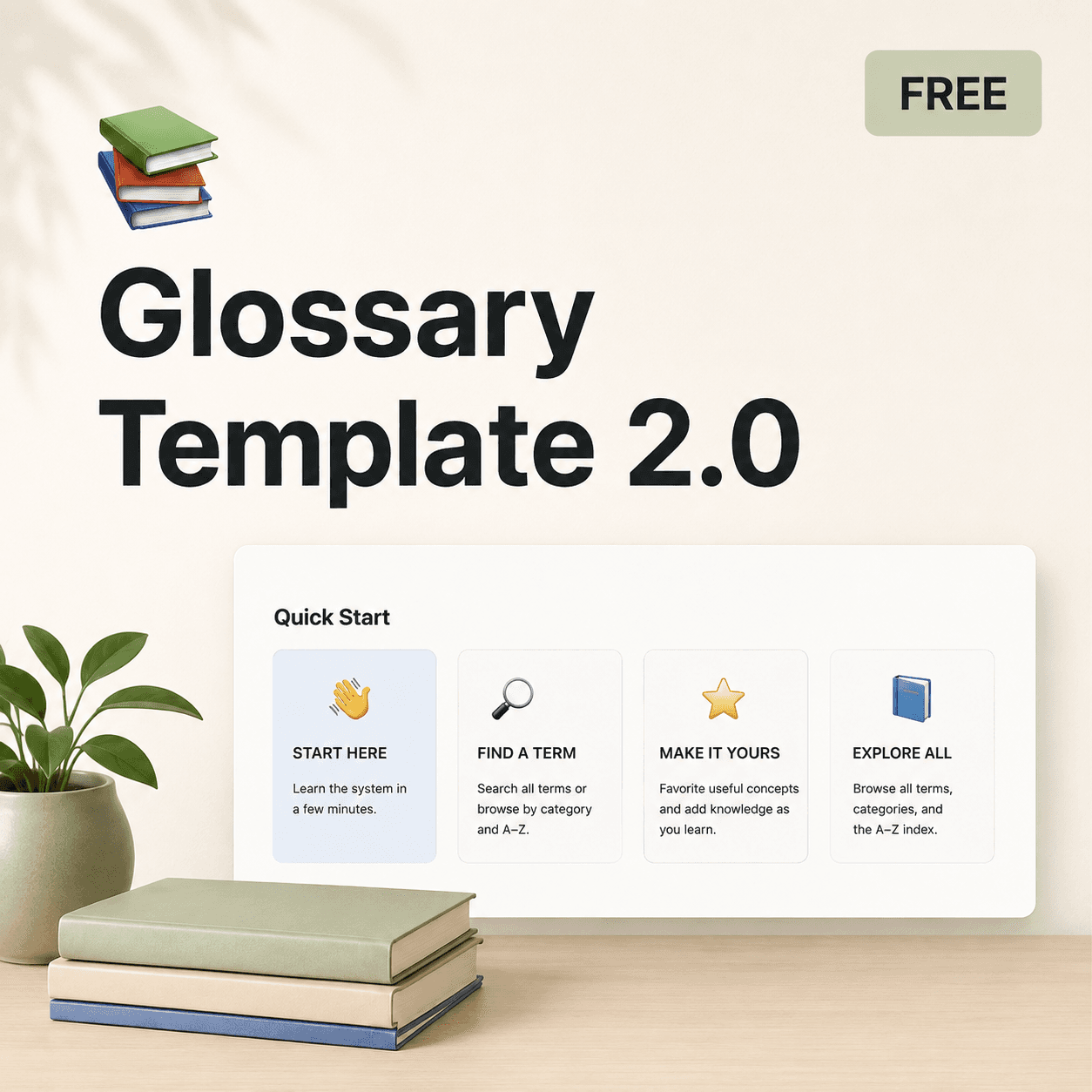 Glossary Template 2.0 cover showing a calm knowledge dashboard with books and four browsing cards.
